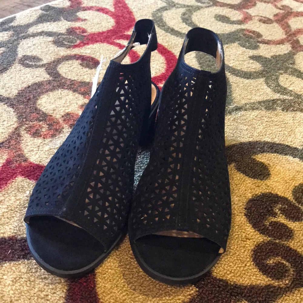 Black suede sandals with heel! New with tags!